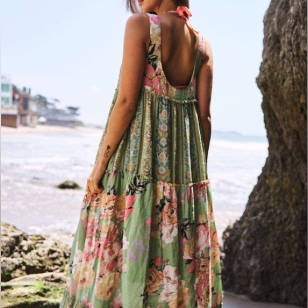 42. LAST 1! Green lined flower Bohemian FLORAL MAXI Long flowy sleeveless Dress - Picture 4 of 6